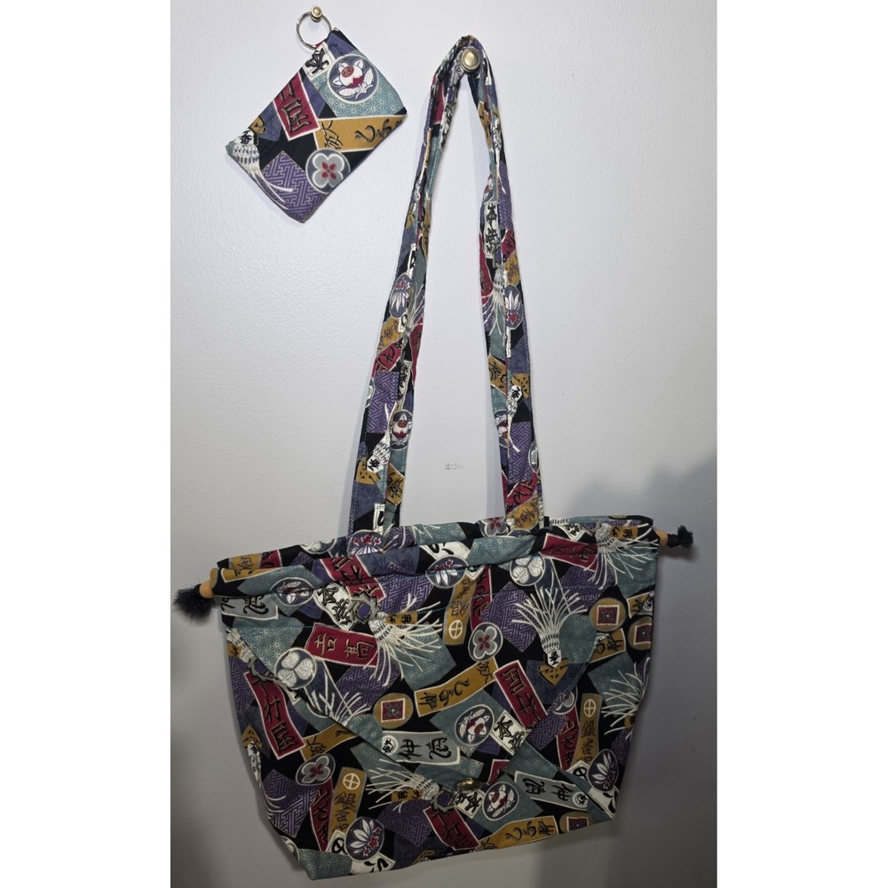 Japanese Motif Fabric Shoulder Tote Bag Matching Coin Pouch Tassel Drawstring